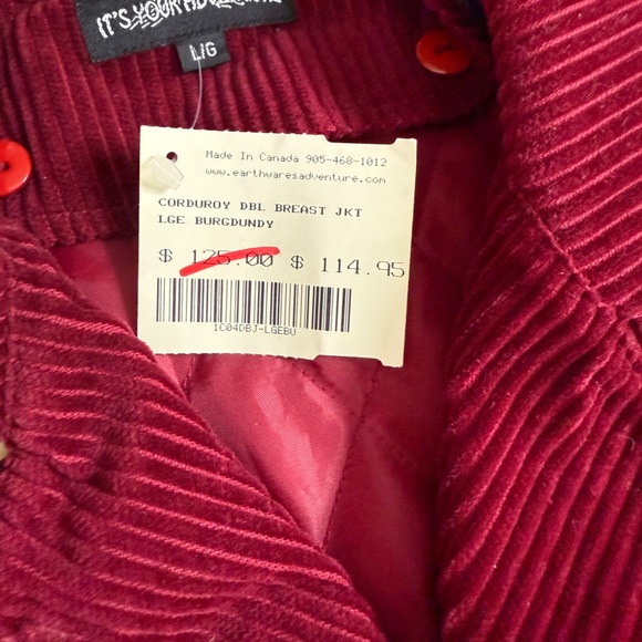 Vintage NOS 90s ~ Double Breasted Maroon Corduroy Jacket w Quilted Lining ~ wm L - Picture 3 of 9